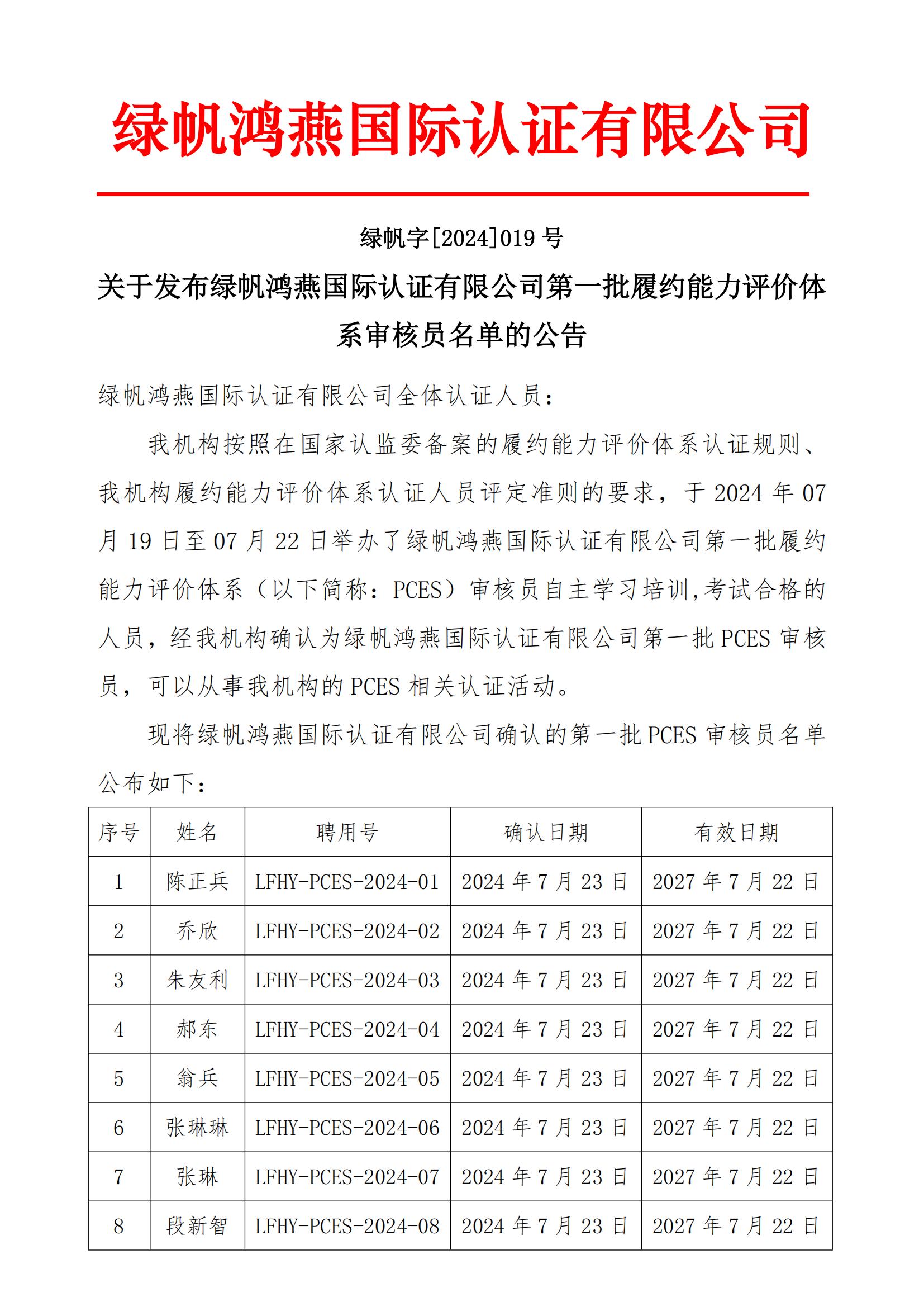 06==關(guān)于發(fā)布綠帆鴻燕國際認(rèn)證有限公司第一批履約能力評(píng)價(jià)體系審核員名單的公告20240723_00