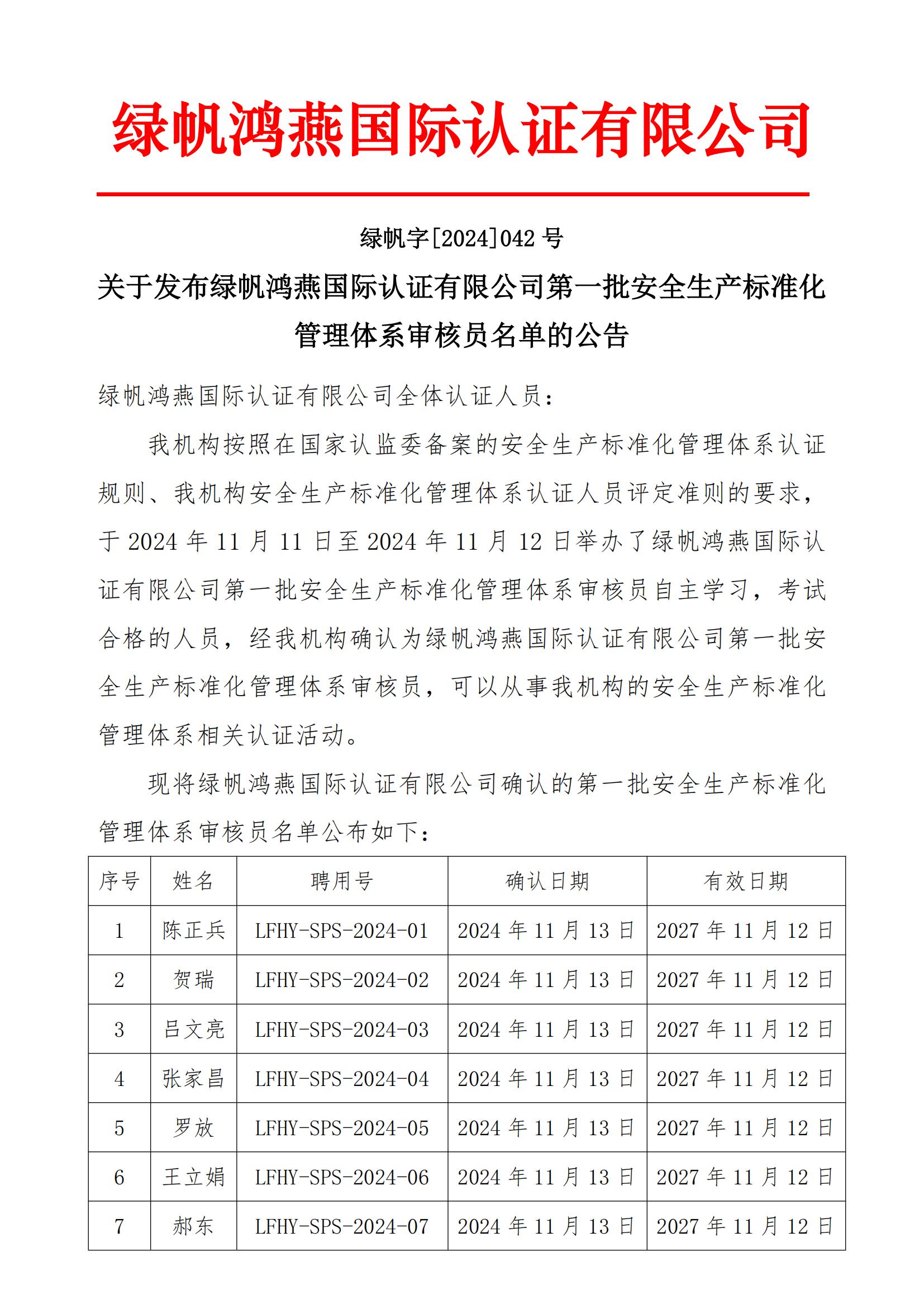 06==關(guān)于發(fā)布綠帆鴻燕國際認(rèn)證有限公司第一批安全生產(chǎn)標(biāo)準(zhǔn)化管理體系審核員名單的公告20241113_00