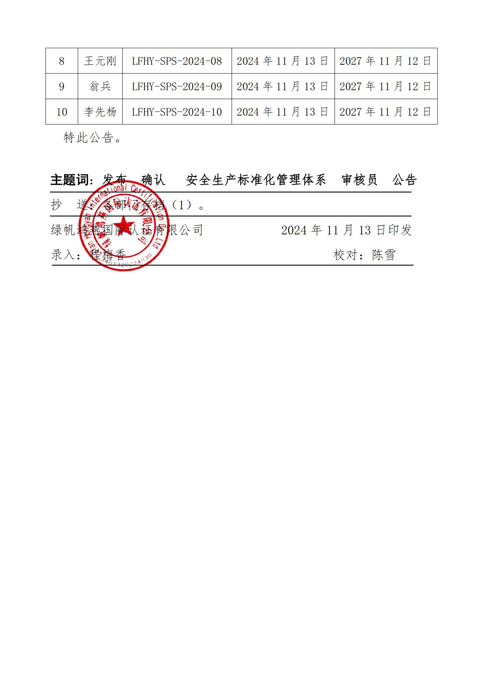 06==關(guān)于發(fā)布綠帆鴻燕國際認(rèn)證有限公司第一批安全生產(chǎn)標(biāo)準(zhǔn)化管理體系審核員名單的公告20241113_01